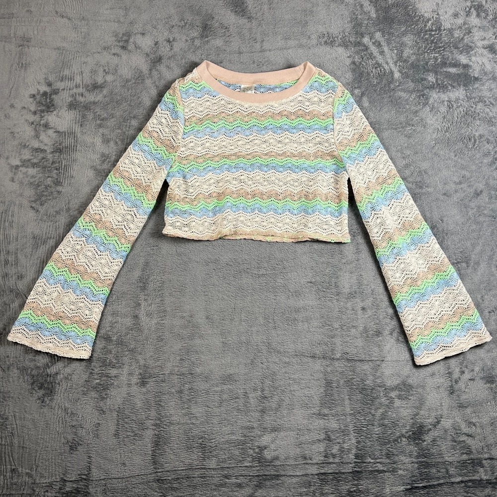 Wild Fable Cover Up Top Womens XS Multicolor Striped Crochet Long Sleeve Cropped